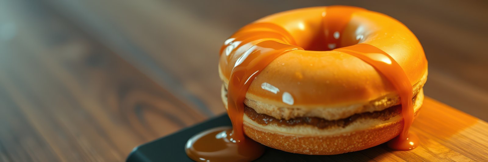 Decadent donut topped with rich caramel sauce on a wooden table